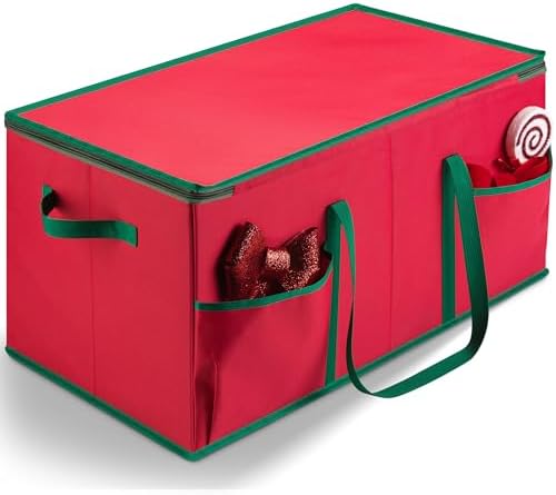 Christmas Ornament Storage - Stores up to 128 Holiday Ornaments, Adjustable Dividers, Zippered Top, Two Handles - Attractive Storage Box Keeps Holiday Decorations Clean and Dry for Next Season (Red) - Image 2