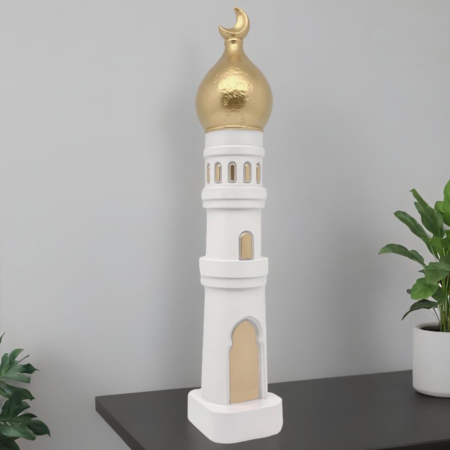 Islamic Decor Resin Mosque Models with Crescent Moon Statues,Gold and White by WillArtMuseum