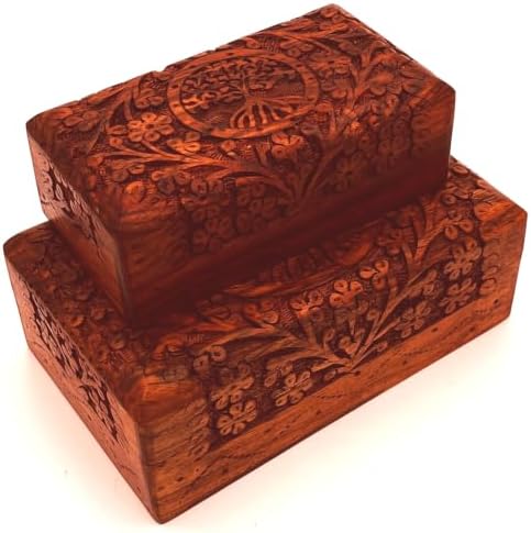 Handcarved Wooden Decorative Treasure Chest Box 8 x 5 Inch Brown Tree Of Life Pattern - Multipurpose Use as Sister gifts for Jewelry Storage, Watch Box, Grandma Gifts Pack fo 2 Boxes - Image 6