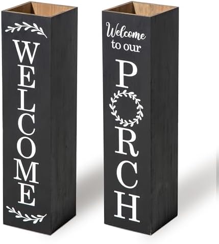 Glitzhome 2Pcs Wooden Welcome Porch Sign, Rustic Double Sided Box-shaped "WELCOME, PORCH" Porch Sign for Front Porch Decor, Black, 30"H by Glitzhome
