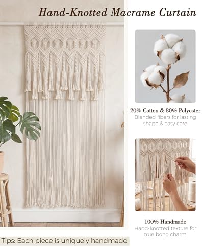 BECHAEO Boho Handmade Macrame Curtain with Tassels, 1PC 39" x 79" White A - Image 5