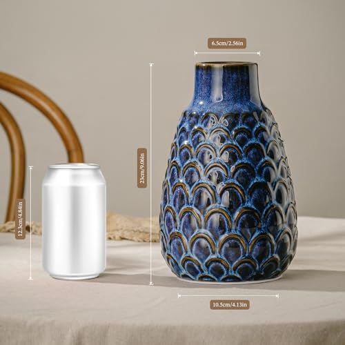 Ceramic Flower Vase, 9.06” Vintage Blue Pottery Vase for Home Decor, Rustic Textured Vase for Pampas Grass, Living Room, Entryway, Mantel, Kitchen Table, Centerpiece - Image 3