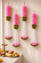 Divyakosh Hanging Gajra Set of 4 | Small 15 Inch Pink-Green Fabric Floral Wall Hangings | Temple & Pooja Room Decoration Items | Backdrop Decor for Festivals & Diwali - Image 3