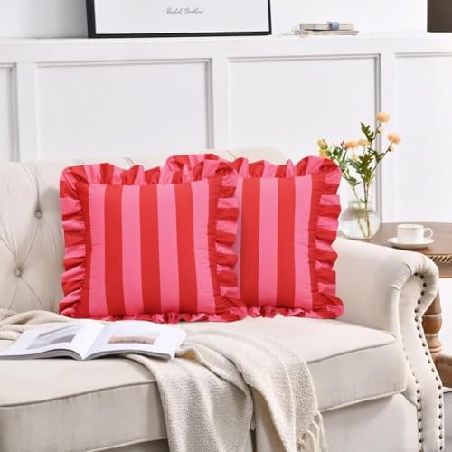 vctops Ruffle Square Throw Pillow Covers Boho Pink and Red Striped Decorative Pillowcases Set of 2, Soft Velvet Accent Cushion Cover Cases for Sofa Bed Living Room Decor (Pink,24"x24") - Image 2