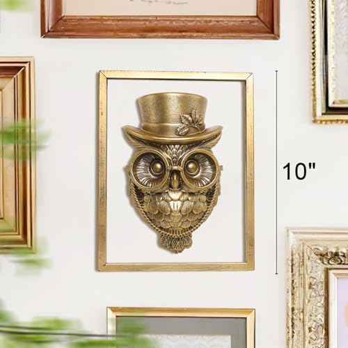 Newinhome Animal Heads Wall Decor (Includes Metal Frame) Halloween Resin Animals Sculptures Head Wall Hanging Decoration Gold vintage Wall Sculpture for Living Room Bedroom Office(Owl) - Image 3