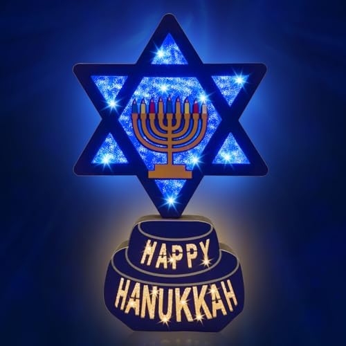 Krissing 12" Hanukkah Wooden Signs with Lights Battery Operated Happy Hanukkah Menorah with Blue Lights Star of David Hanukkah Lighted Signs for Hanukkah Table Mantel Jewish Holiday Decorations by Krissing