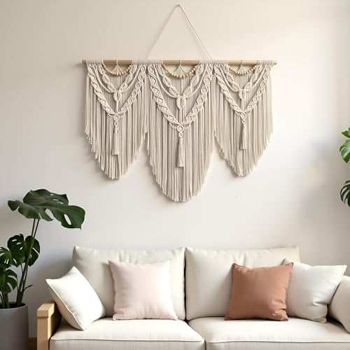 large macrame wall hanging - Boho Tapestry Macrame Wall Decor Art- Chic Bohemian Handmade Woven Tapestry Home Decoration for Bedroom Living Room Apartment Wedding Party - 43"x32" (Wood bead-A) - Image 5