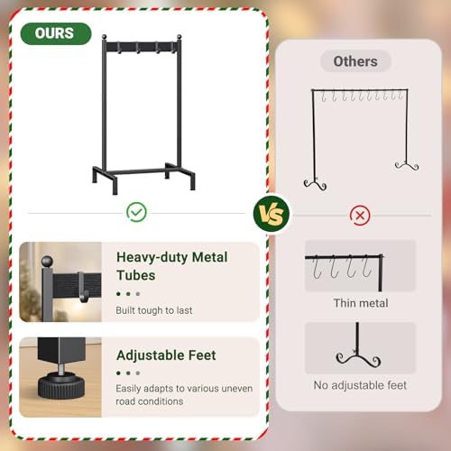 ELYKEN Christmas Stocking Holder Stand for Floor, Free Standing Stocking Rack with 4 Removable Hooks, Wood Stocking Hanger Stand, Heavy Duty Xmas Stocking Stand with Adjustable Feet, Black - Image 4
