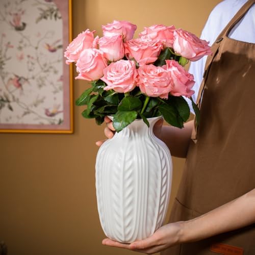 Lvases 10in Wheat Textured White Ceramic Flowers Vase Modern Home Decor - Image 2