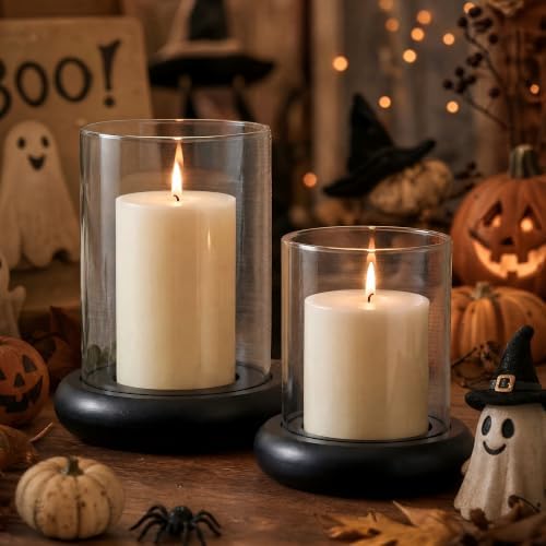 Set of 2 Black Hurricane Candle Holders with Wood Base by LITIVY