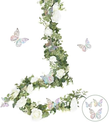 13 Ft White Flower Garland with Butterfly, Artificial Eucalyptus Rose Vine - Image 7