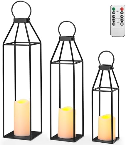 Perfnique Set of 3 Black Metal Lanterns w/ Waterproof Flickering Flameless Candle & Remote Timer, Modern Farmhouse Lanterns Decorative for Outdoor, Front Porch, Indoor, Patio, Garden, Fireplace by PERFNIQUE