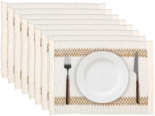 Niviy Boho Placemats Set of 8, 12x18 Inch Natural Cotton Burlap and Kitchen Woven Placemats with Tassels for Dining Table Centerpiece Thanksgiving Home Decorations by Niviy
