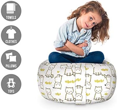 Ambesonne Cat Storage Toy Bag Chair, Cursive Meow with Upside Down Kittens Mini Paws, Stuffed Animal Organizer Washable Bag, Small Size, Mustard White - Image 2