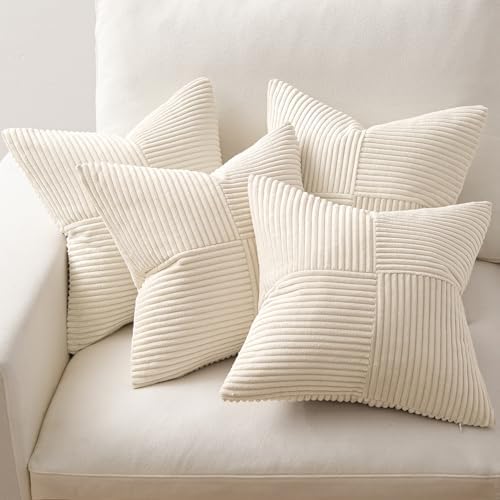 MIULEE Beige Throw Pillow Covers 18x18 Inch Set of 4 Boho Patchwork Cushion Cases Modern Farmhouse Pillow Cases with Invisible Zipper Corduroy Striped Home Decor for Couch Sofa Bedroom - Image 5