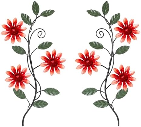 KHJCXS 2 Pieces Metal Flower Leaf Wall Art, 15.1"×7.3" Modern Rustic Iron Artwork Hanging Decor for Home Bedroom Living Room Dining Room Kitchen Hallway Office (Red) by WelcometoKHJCXS