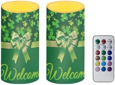 St Patricks Day Decor Flameless Candles Battery Candles with Remote Control Green Bow LED Pillar Candles Electric Fake Plastic Candles for Home Room Bedroom Holiday Decorations Set of 2 - Image 2