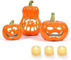 Sunlit Ceramic Pumpkin with 3 Tea Lights, Jack O Lantern Candle Holder Set of 3, Tabletop Indoor Halloween Decorations for Holiday Party Home by Sunlit