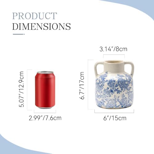 Ceramic Vase with Handles, Vintage Utensil Holder, Flower Decorative Vase Chinoiserie Decor Rustic Farmhouse Retro Floral Vases for Table Bookshelf Mantel Kitchen Living Room Office - 6.7” Blue 017 - Image 2