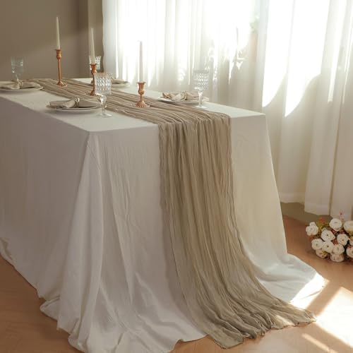 Snowkingdom 6 PCS Nude Brown Cheesecloth Table Runner, Taupe Light Tan 120 inch Long Boho Gauze Sheer Runner for Wedding Baby Shower Birthday Christmas Holiday Party Table Decorations - Image 2