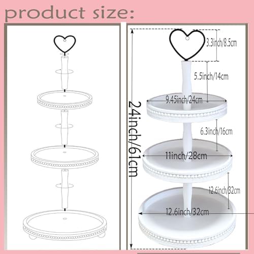 3 Tiered Tray Wooden Serving Stand Small Beaded Tray for Home Decor Display Farmhouse Country Decoration Kitchen or Dining. White - Image 7