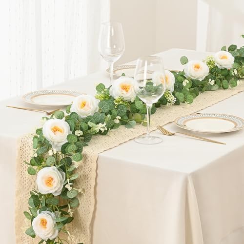 Dolicer 4Pcs 26Ft Artificial Eucalyptus Garlands with Flowers, Faux Floral Greenery Garlands Fake Flowers Vines for Wedding Table Centerpieces Arch Party Ceremony Backdrop Decor (White) - Image 4
