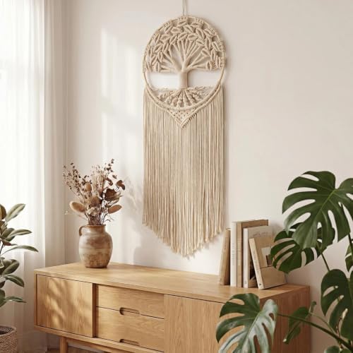 Sylfaen Tree of Life Macrame Wall Hanging - Boho Handmade Woven Tapestry - Dream Catcher Wall Decor Art Living Room - Macrame Tapestry Boho Decor for Bedroom (Beige) - Image 5