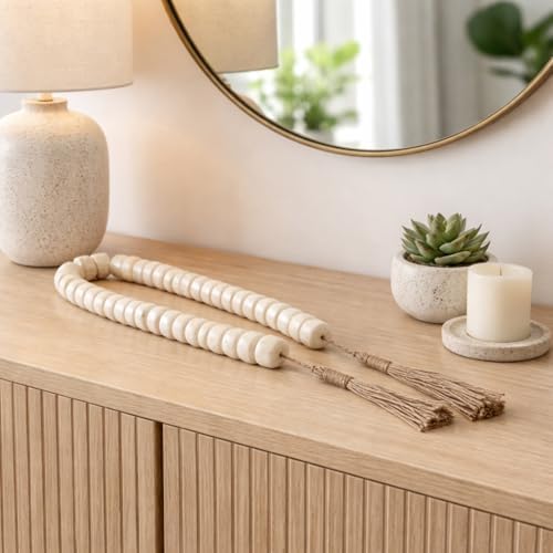 Book Shelf Beads for Bathroom and Home Decor - Beaded Garland for Bedroom, Kitchen, and Living Room Centerpiece - Small Desk Accessories for Office, Study, Mantel, and Console - 1", Ivory & Tan - Image 3