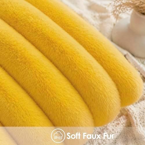 Faux Fur Decorative Throw Pillow Covers 20x20 Set of 2, Yellow - Image 6