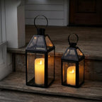 TRIROCKS Set of 2 Black Decorative Lanterns 13"&10" H Metal Candle Holders with Tempered Glass for Christmas Home Decor Living Room Parties Wedding Halloween Tabletop Indoors Outdoors - Image 4