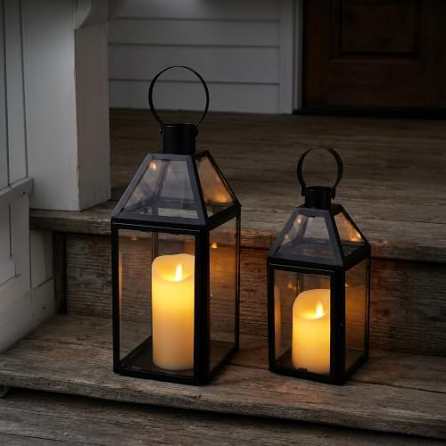 TRIROCKS Set of 2 Black Decorative Lanterns 13"&10" H Metal Candle Holders with Tempered Glass for Christmas Home Decor Living Room Parties Wedding Halloween Tabletop Indoors Outdoors - Image 4