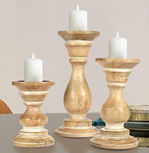 Homebia Design Wooden Pillar Candle Holder Set of 3 – 10, 8, 6"–White Wash - Image 2