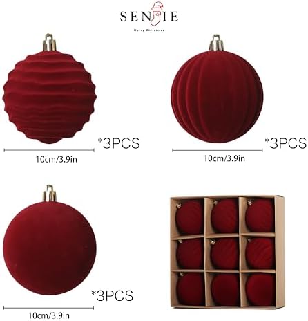 4In Red Velvet Christmas Ornaments Set,9pcs Burgundy Flocked Ornaments Ball - Image 4
