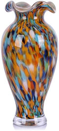12in Tall Hand Blown Glass Vase Unique Ruffle Wide Mouth Vases, Elegant Modern Glass Flower Decorations Vase, Beautiful Colorful Vases for Home Living Room Bookshelves Wedding High End Centerpieces by LCCCK