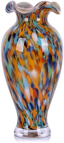 12in Tall Hand Blown Glass Vase Unique Ruffle Wide Mouth Vases, Elegant Modern Glass Flower Decorations Vase, Beautiful Colorful Vases for Home Living Room Bookshelves Wedding High End Centerpieces by LCCCK