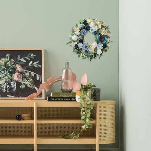 22" Spring Flower Wreath for Front Door Summer Wreaths with Sunflowers Roses Gardenias, Artificial Floral Green Foliage Wreath for Wall Window Farmhouse Party Holiday Home Decor（White Blue） - Image 6