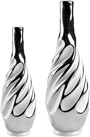 Yundu Ceramic Vase Set of 2, White with Silver, Modern Home Décor, Living Room, Dried Flowers, 14x6x6 inches by YunduHome