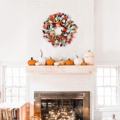 22 Inch Fall Front Door Wreath with Eucalyptus Lamb Ears Leaves and Berries, Autumn Fall Leaves Wreath with White Berries for Indoor and Outdoor, Festival Home Decor - Image 4