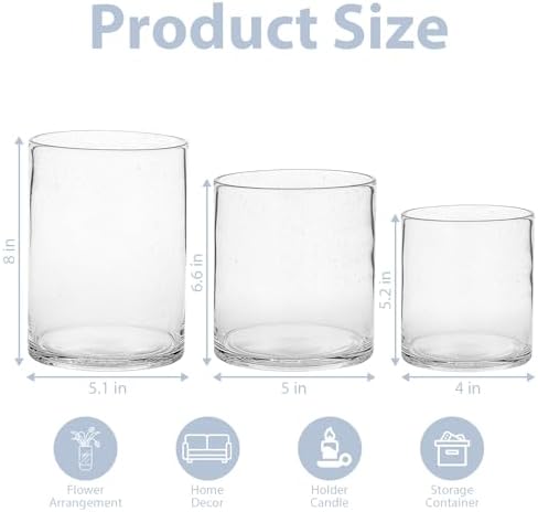 Set of 3 Hand Blown Glass Hurricane Candle Holders, Clear Seeded Bubbles Cylinder Pillar Candle Vases in 5/7/8 Inch, Farmhouse Table Centerpieces for Living Dining Kitchen Island - Image 2