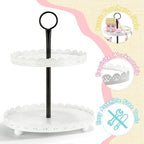 Wooden Farmhouse Round Two Tiered Tray Stand with White Metal Floral Edge - Image 4