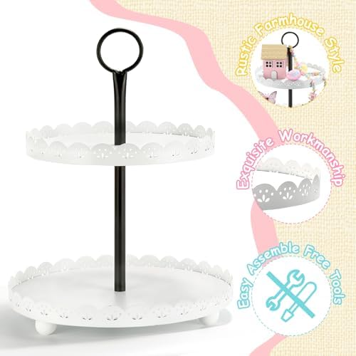 Wooden Farmhouse Round Two Tiered Tray Stand with White Metal Floral Edge - Image 4