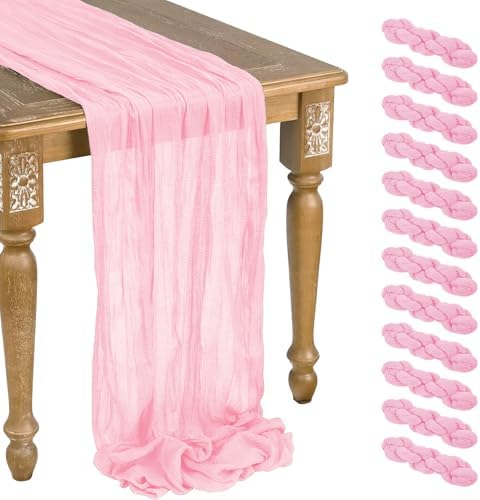 12 Pack Rose Gold Cheesecloth Table Runner 10ft Boho Gauze Cheese Cloth Table Runner Rustic Sheer Runner 120 inch Long for Christmas Wedding Bridal Baby Shower Birthday Table Decorations by WJWHQ