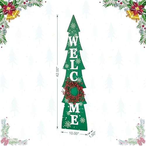 Glitzhome 42" H Wooden Welcome Christmas Tree Porch Sign with Berries Wreath Vertical Porch Sign in Xmas Tree Shape Farmhouse Hanging Sign Decorations for Front Door Wall Display - Image 2