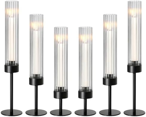 Metal & Acrylic Taper Candle Holders with Ribbed Design - Hurricane Clear Cylinder Candelabra for Wedding, Christmas, Party, Dining Table Centerpiece Decor (Black, Set of 6) by KOLNLALA