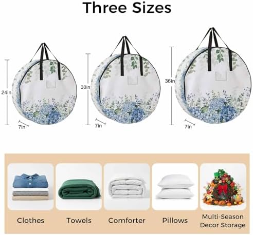 36 Inch Round Storage Bag 1 Pack,Green Eucalyptus Leaf Blue Hydrangea Waterproof Wreath Storage Container with Handles&Zipper Blossom Floral Closet Organizer Bags Garland Box - Image 7