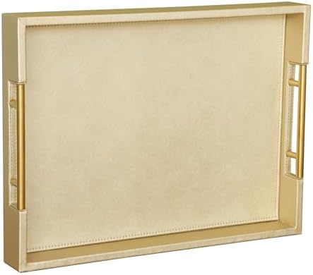 HofferRuffer Faux Leather Serving Tray with Gold Metal Handles, Stylish Decorative Tray Organizer for Coffee Table, Ottoman, Home Decor and Serving (Gold, 16.2" x 12.2" x 2") by HofferRuffer