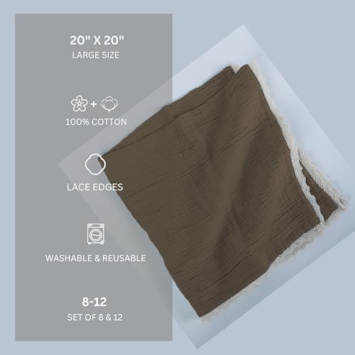 FINGERCRAFT Lace Cloth Napkin, Cotton Gauze, Set of 12, 20x20 in,Warm Taupe - Image 5