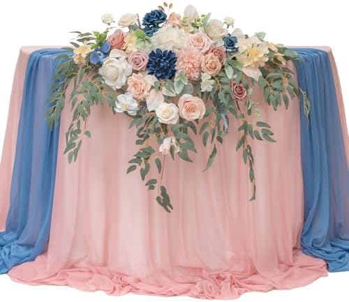 TINGE TIME Artificial Sweetheart Flower Swag with Tablecloth and Table Runner, Pack of 3 Floral Arrangement for Wedding Sweetheart Table Centerpiece Decoration (Dusty Rose & Navy Blue) by TINGETIME