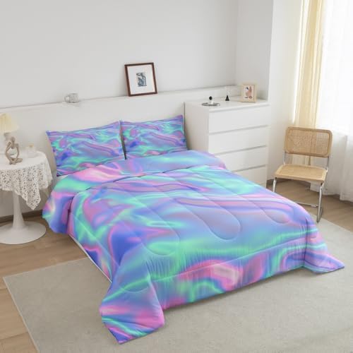 Kids Ombre Gradient Comforter Full, Colorful Tie Dye Bedding Set For Girls, Trippy Green Purple Duvet Insert, Watercolor Pastel Batik Quilt, Gradient Ombre Bedding Comforter Sets With 2 Pillowcases - Image 2