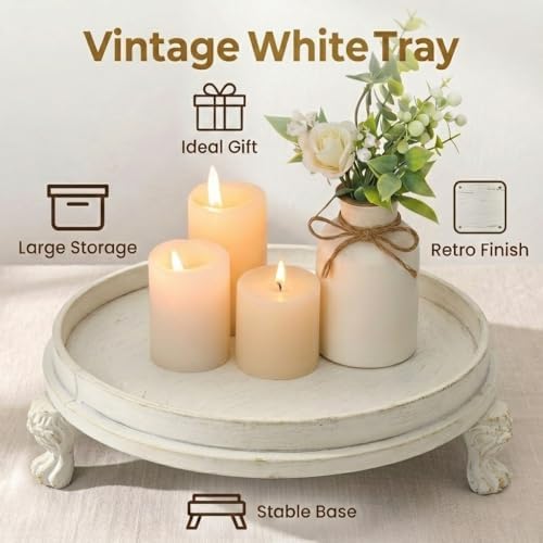 Vintage White Decorative Tray, 11.8 Inch Round Tray with Claw Feet - Image 3
